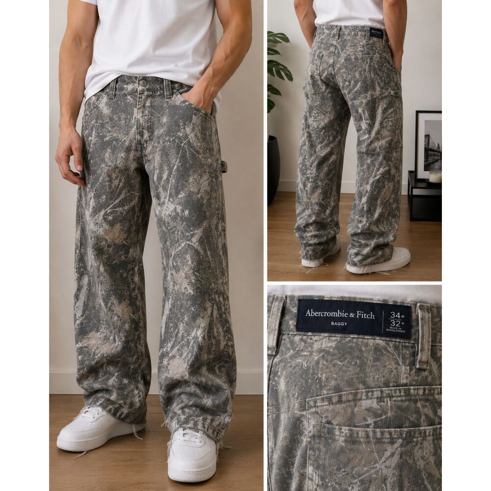 Abercrombie & Fitch Baggy Camo Pants Mens 34x32 Woodland Print Raw Hem Y2K